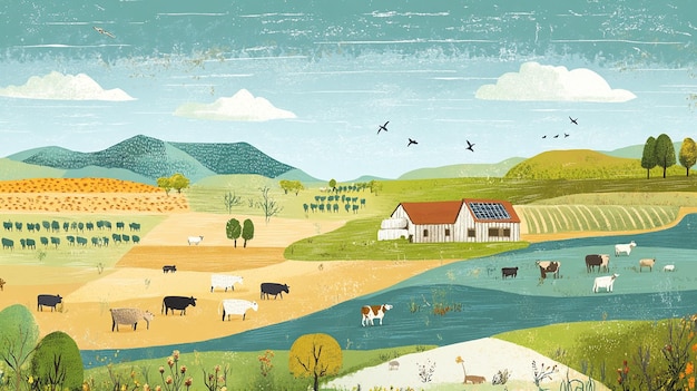idyllic farm landscape with animals fields and a house featuring solar panels