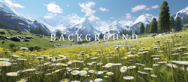 PSD idyllic mountain landscape in the alps with blooming meadows in springtime
