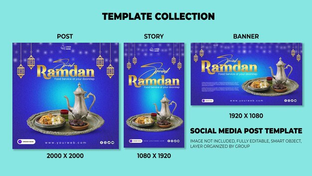 PSD raccolta di modelli di social media del menu di cibo ramadan iftar