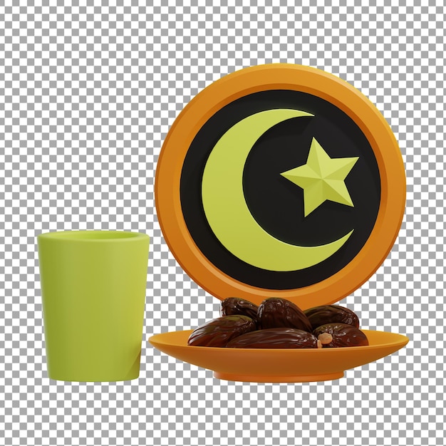 Iftar with dates palm and drinks 3d illustration