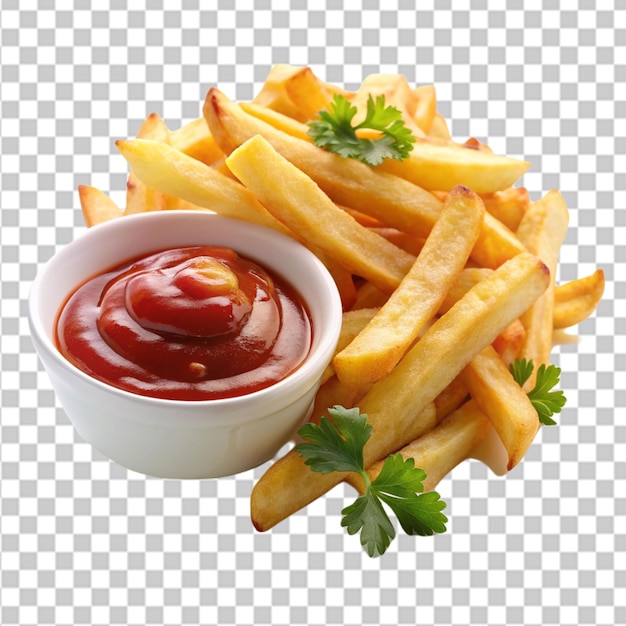PSD ighquality image of crispy french fries with one red ketchup on a transparent background
