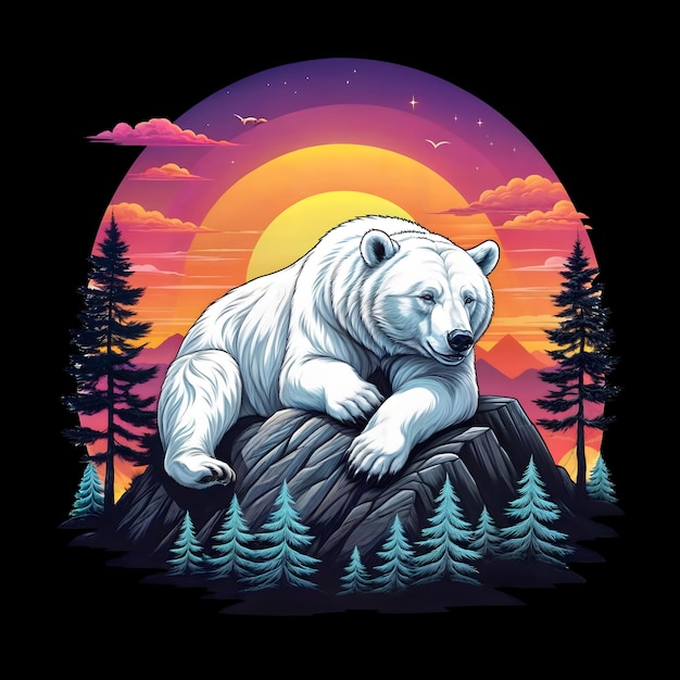 PSD ijsbeer op de rots in het bos bij zonsondergang vector illustratie ijsbeer ijsbeer wild