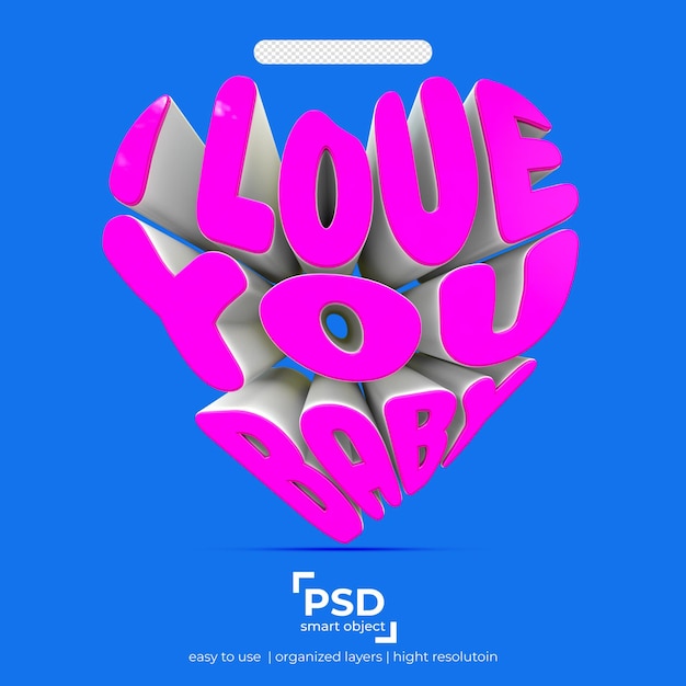 PSD ik hou van jou baby 3d hartvorm op geïsoleerde achtergrond met roze kleur
