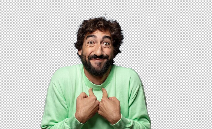 PSD ik voel me blij, verbaasd en trots. ik wijs naar mezelf met een opgewonden, verbaasde blik.