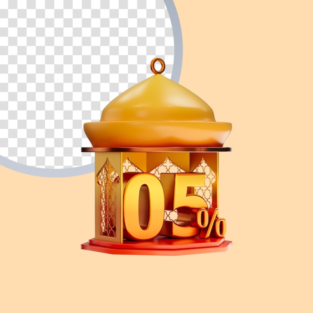 Ikona 05 procent w koncepcji renderowania 3d islamskiej latarni dla oferty rabatowej Ramadan lub Eid