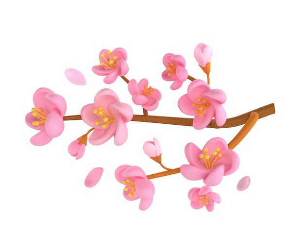 Ikona 3D renderowanie wiosna Cherry Blossom Sakura branch illustration Prosty i uroczy płatek izolowany