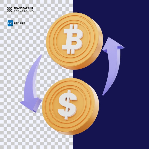Ikona 3D wymiany bitcoinów i dolarów