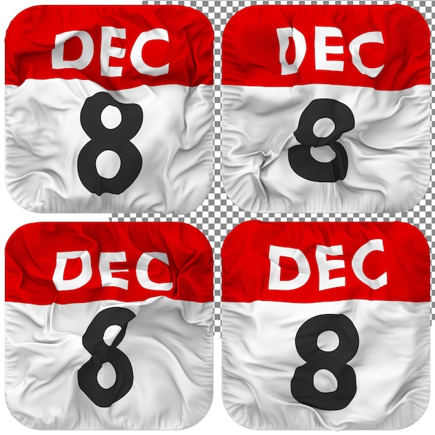 PSD ikona kalendarza daty ósmej 8 grudnia izolowana cztery macha styl tekstura guzek renderowania 3d