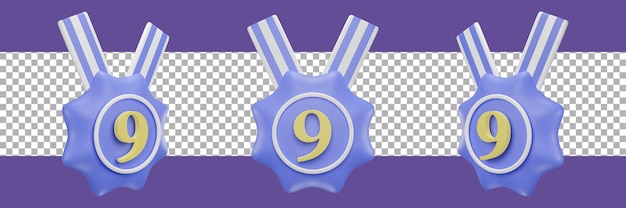 PSD ikona medal numer 9 w różnych widokach. renderowanie 3d
