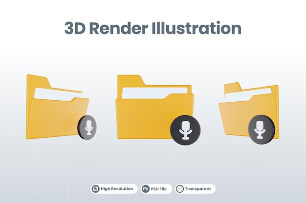 PSD ikona mikrofonu folderu renderowania 3d z pomarańczowym folderem plików i czarnym mikrofonem