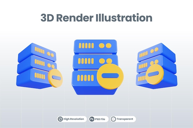 PSD ikona serwera bazy danych renderowania 3d z odizolowaną ikoną minus