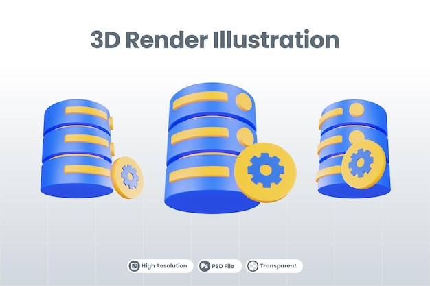 PSD ikona serwera bazy danych renderowania 3d z odizolowaną ikoną ustawień