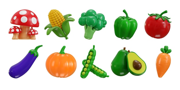 Ikonka warzyw 3d renderuje żywność premium dla grzybów dynia kukurydza brokuł Capsicum pomidor