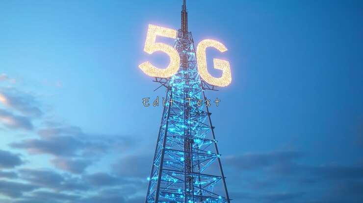 PSD illuminated 5g tower against twilight sky