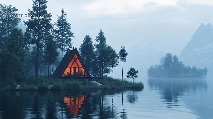 PSD illuminated aframe cabin on a misty lake island at dusk