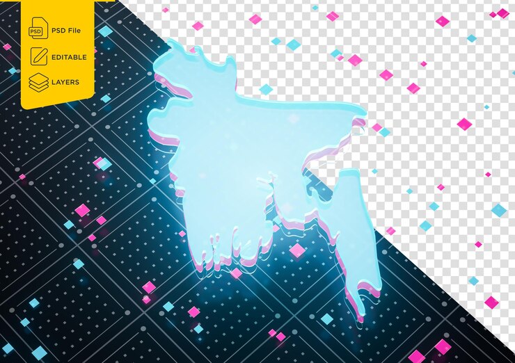 PSD illuminated bangladesh data map neon blue light on seamless pattern background 3d illustration