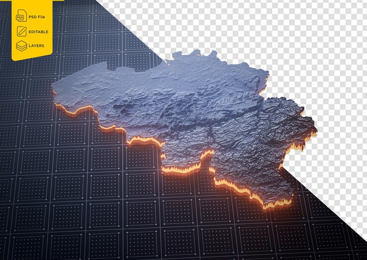 PSD illuminated belgium data map highlighting geographical features neon glow light 3d illustration
