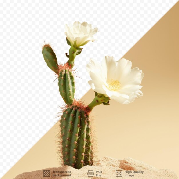 PSD illuminated by the sun a white flower glows on a cactus stem amidst a sandy backdrop