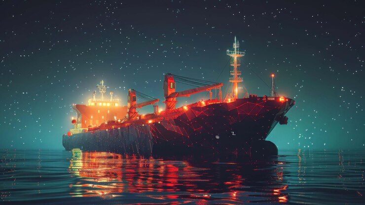 PSD illuminated cargo ship at night lowpoly style sailing on calm sea under starry sky