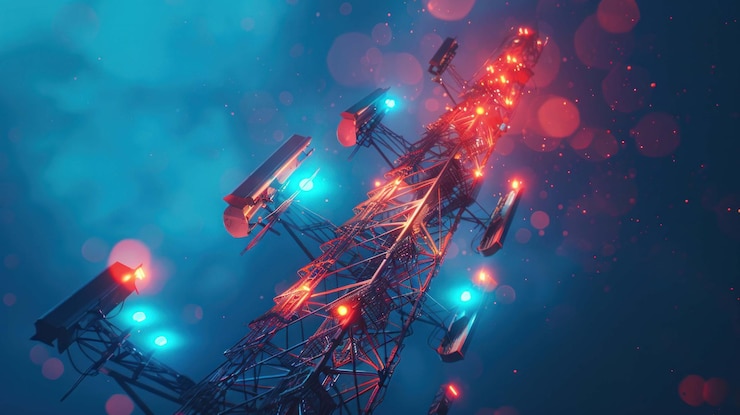 PSD illuminated communication tower at night low angle view