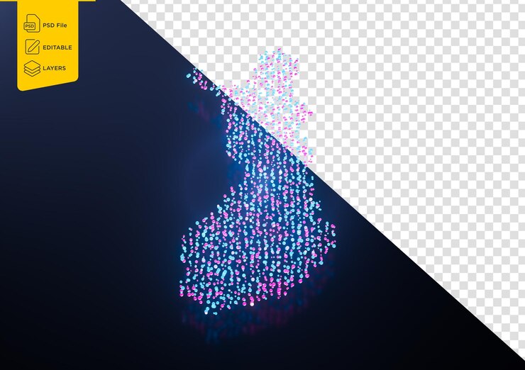PSD illuminated finland digital data map pink and blue neon glowing particles 3d illustration