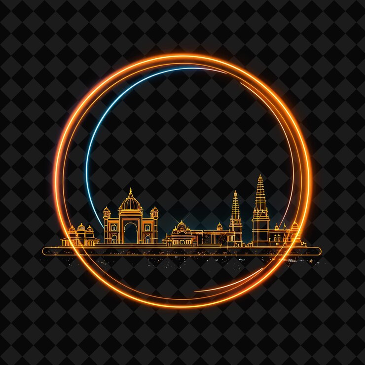 PSD illuminated neon chennai coastline in a silhouette circle la png y2k monoline cityscape collage art