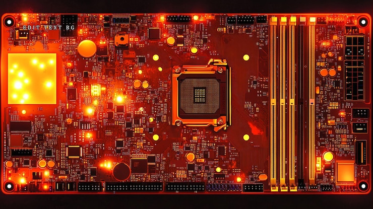 PSD illuminated orange computer motherboard with cpu