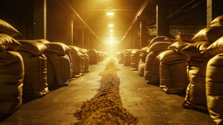PSD illuminated warehouse aisle with stacked burlap sacks and scattered dried leaves