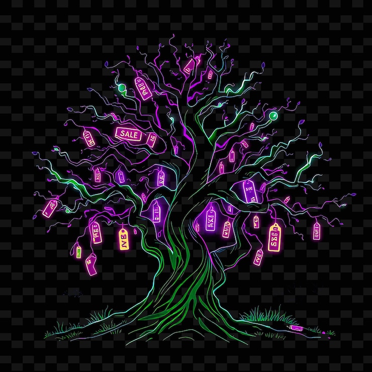 PSD illuminating neon enchanted forest inside a silhouette tree landscape has twisted trees with glowin