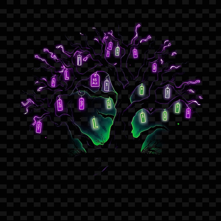 PSD illuminating neon enchanted forest inside a silhouette tree landscape has twisted trees with glowin
