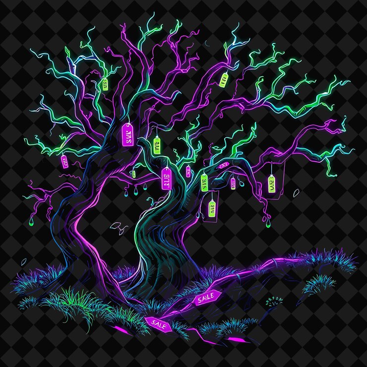 PSD illuminating neon enchanted forest inside a silhouette tree landscape has twisted trees with glowin
