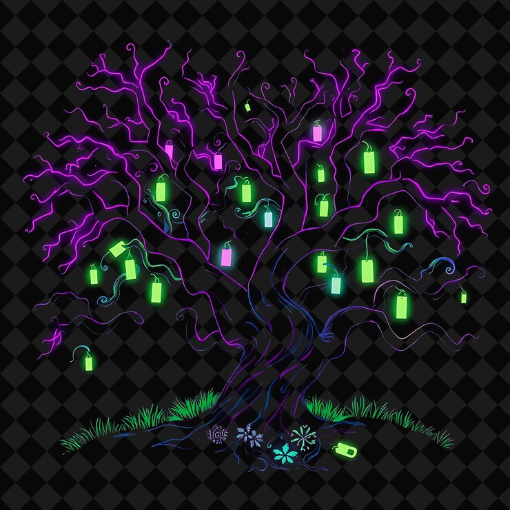 PSD illuminating neon enchanted forest inside a silhouette tree landscape has twisted trees with glowin