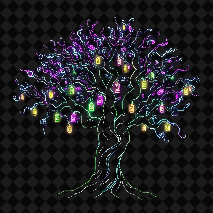 PSD illuminating neon enchanted forest inside a silhouette tree landscape has twisted trees with glowin