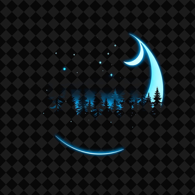 PSD illuminating neon forest night inside a silhouette crescent moon landscape has glowing trees with s