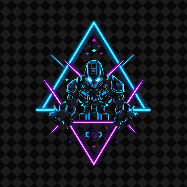 Illuminating Neon in a Triangular Badge With a Robotic Warrior Silhouette and Grid Frame Inside De