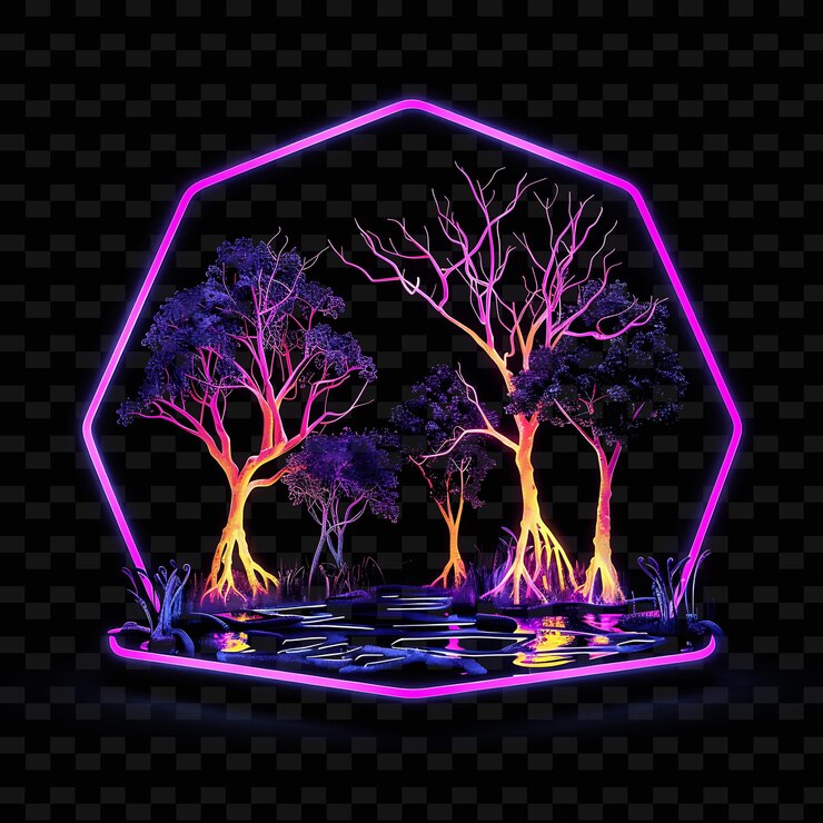 PSD illuminating neon mangrove swamps within a silhouette pentag illustration nature landscape designs