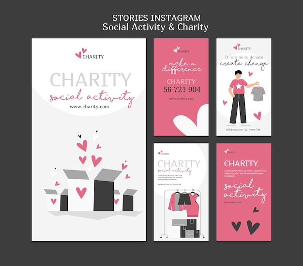 Attività sociali illustrate e storie di instagram di beneficenza