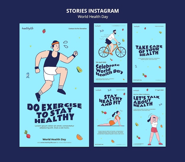 PSD storie di instagram illustrate per la giornata mondiale della salute