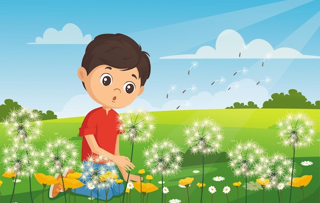 Illustratie van een jongen die op een veld zit met paardenbloemen en erop blaast