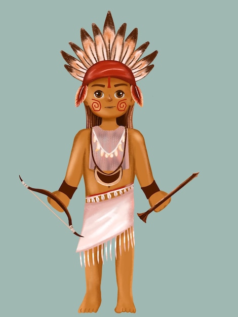 Illustratie van een mannelijk maya-personage met traditionele wapens en zijn iconische outfit