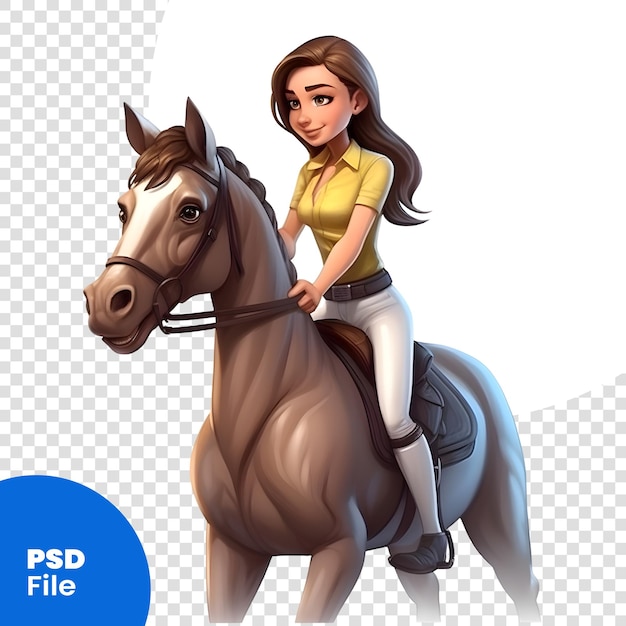 PSD illustratie van een mooi meisje dat een paard berijdt op een witte achtergrond psd-sjabloon