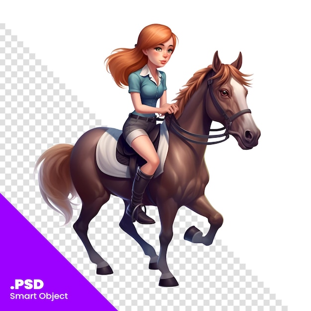 PSD illustratie van een mooi meisje dat een paard berijdt op een witte achtergrond psd-sjabloon