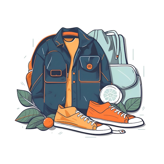 illustratie van een rugzak, sneakers, appel en een sinaasappel