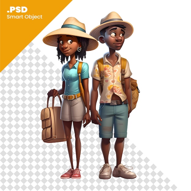 PSD illustratie van een stel afro-amerikaanse toeristen op vakantie psd sjabloon