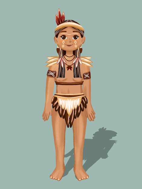illustratie van een vrouwelijk personage van een Amazone-stam met traditionele kleding en enkele accessoires
