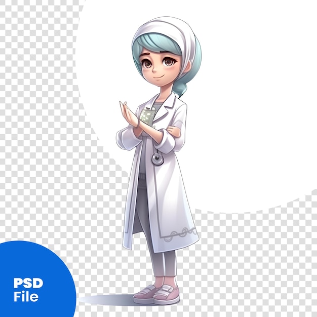 Illustratie van een vrouwelijke arts op een witte achtergrond. stripfiguur. psd-sjabloon