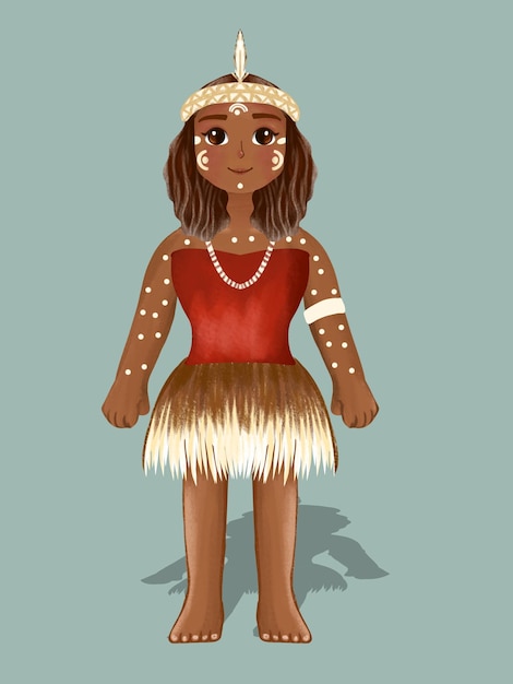 illustratie van een vrouwelijke inheemse figuur in traditionele kleding en accessoires in haar haar