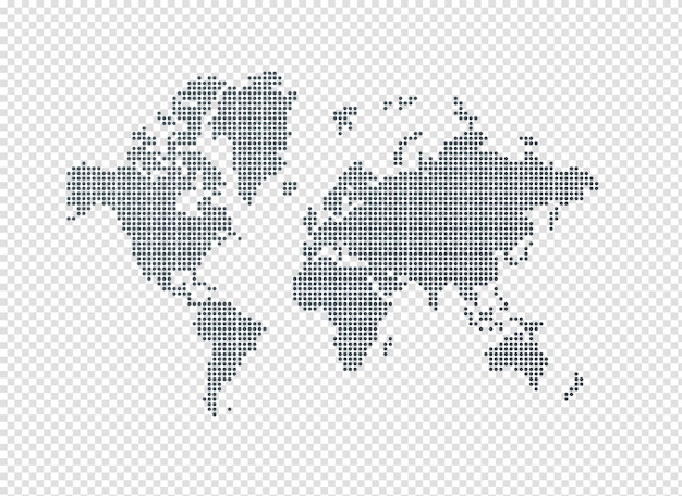 PSD illustratie van een zwarte wereldkaart gemaakt van geïsoleerde stippen op een transparante achtergrond