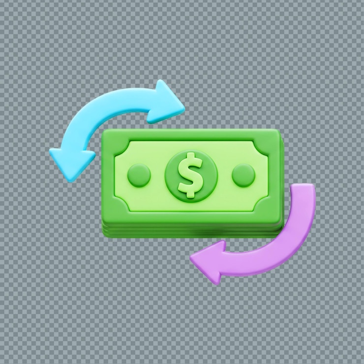 PSD illustratie van groene dollarbiljetten met blauwe en paarse pijlen op een doorzichtige achtergrond png