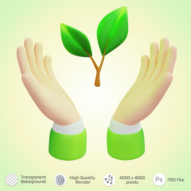 Illustratie van handen die plantbladeren vasthouden, boompictogram opslaan in 3D-rendering